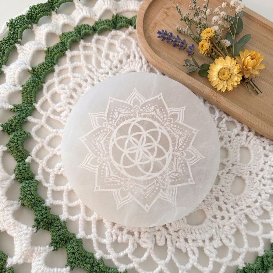 Placa de Selenita Circular Mandala (10 cm)