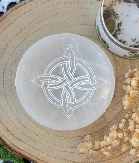 Cuenco de Selenita Circular Nudo de Bruja (10 cm)