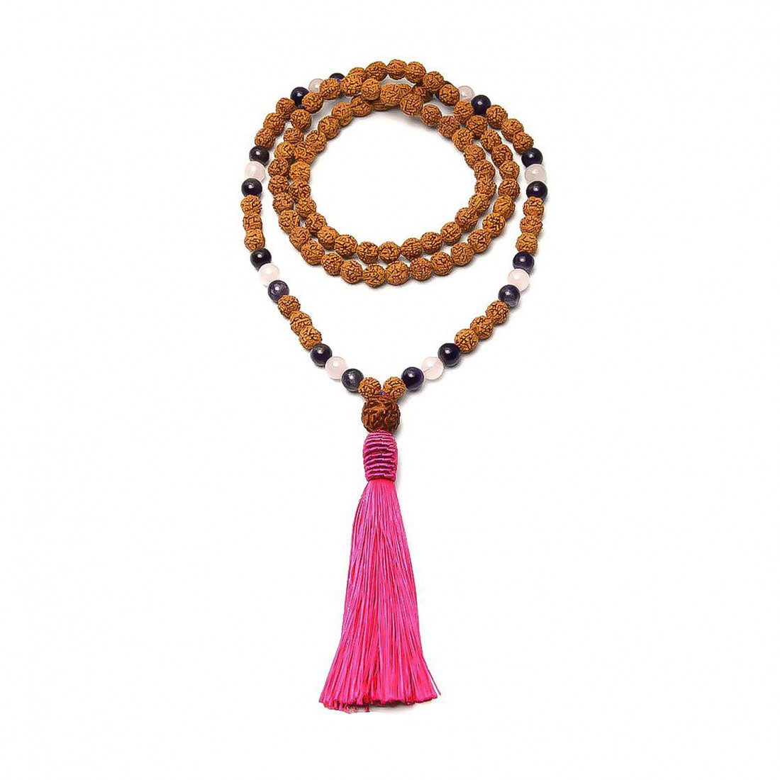 Japamala de la felicidad Rudraksha cuarzo rosa amatista