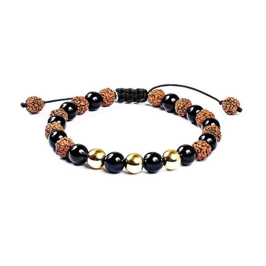 Pulsera Escudo Ancestral Oro 14K · Obsidiana negra