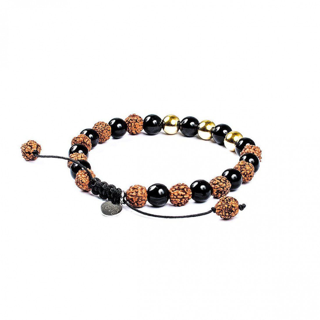 Pulsera Escudo Ancestral Oro 14K · Obsidiana negra – detalle