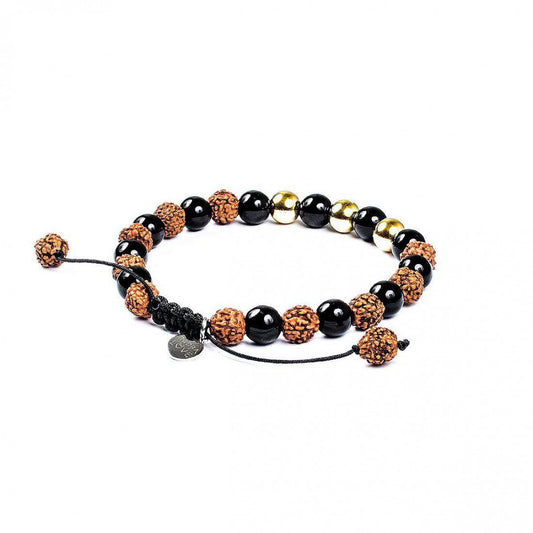 Pulsera Escudo Ancestral Oro 14K · Obsidiana negra – detalle